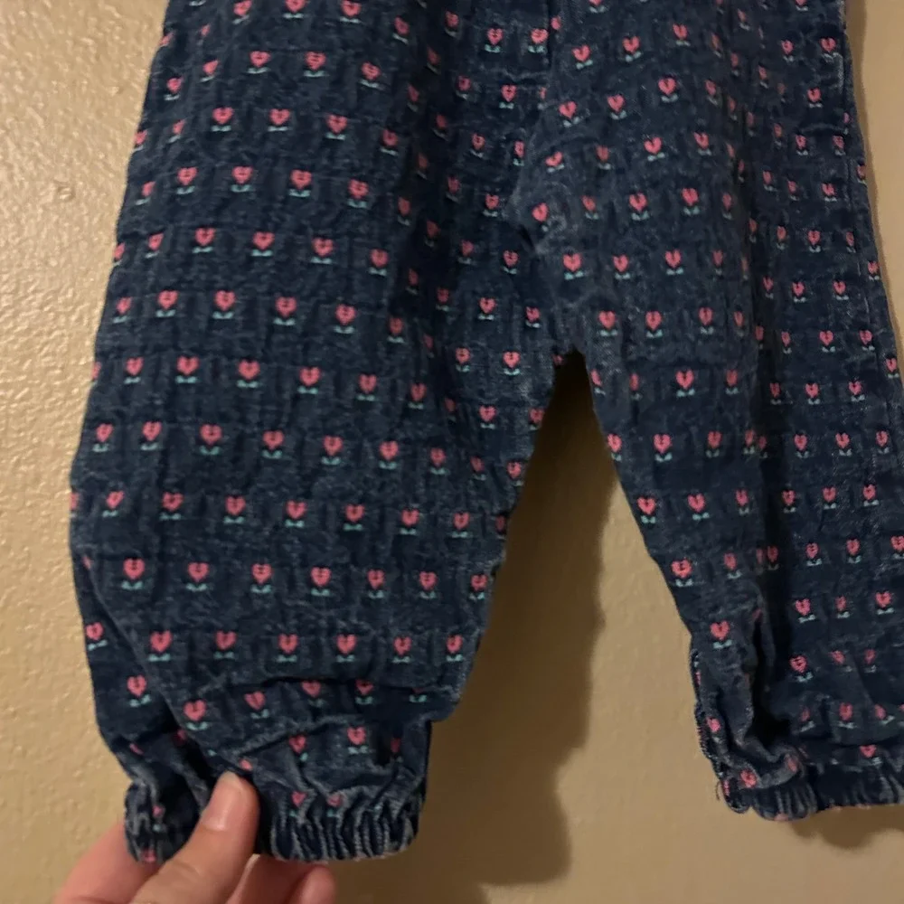 Vintage OshKosh B'Gosh Denim Vestbak Pink Tulip Floral Embroidered Overalls 6-9M